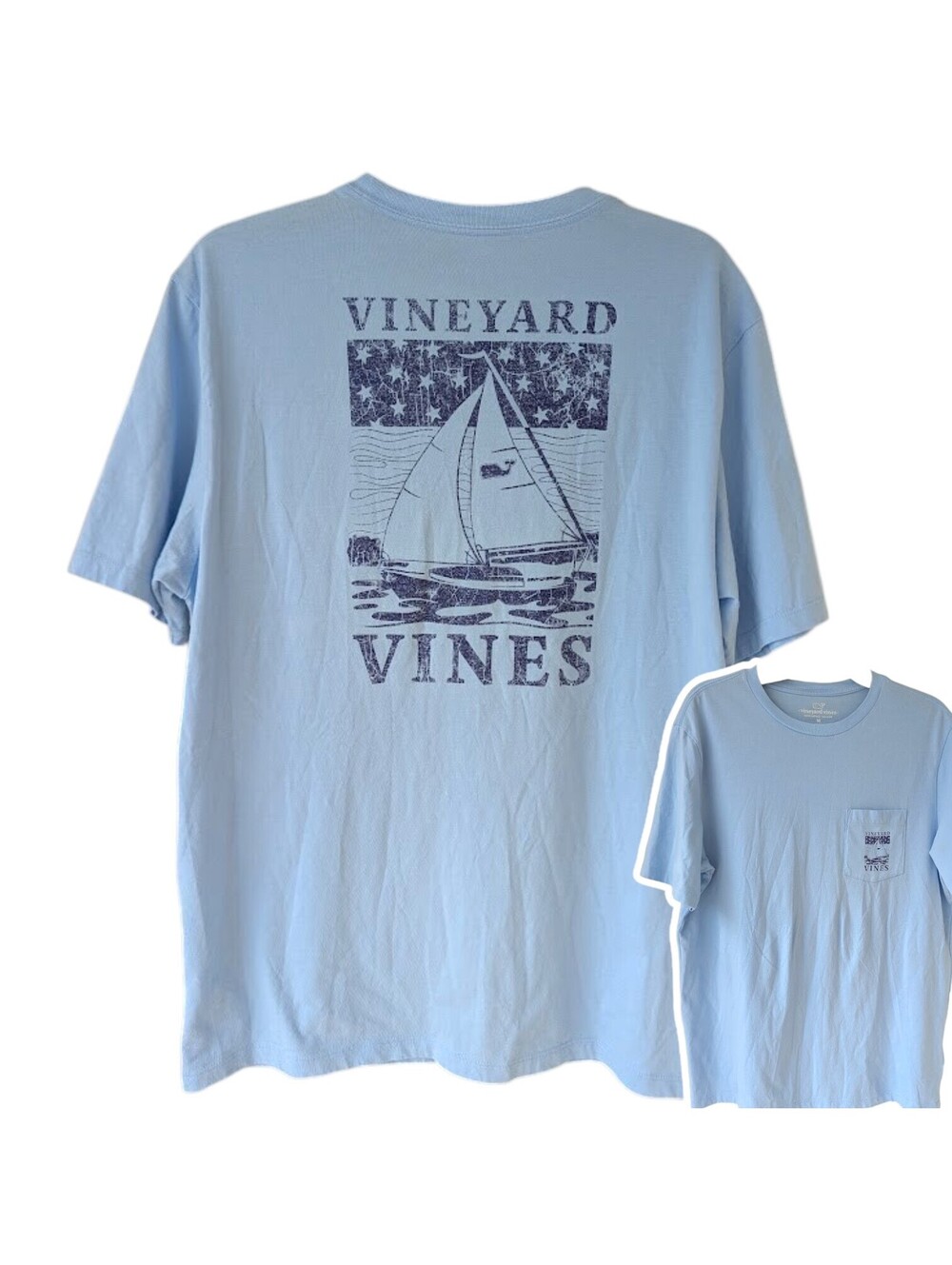 Vineyard Vines Sailing Polo T-Shirt Mens Medium Blue Pocket Graphic Tee 21x28